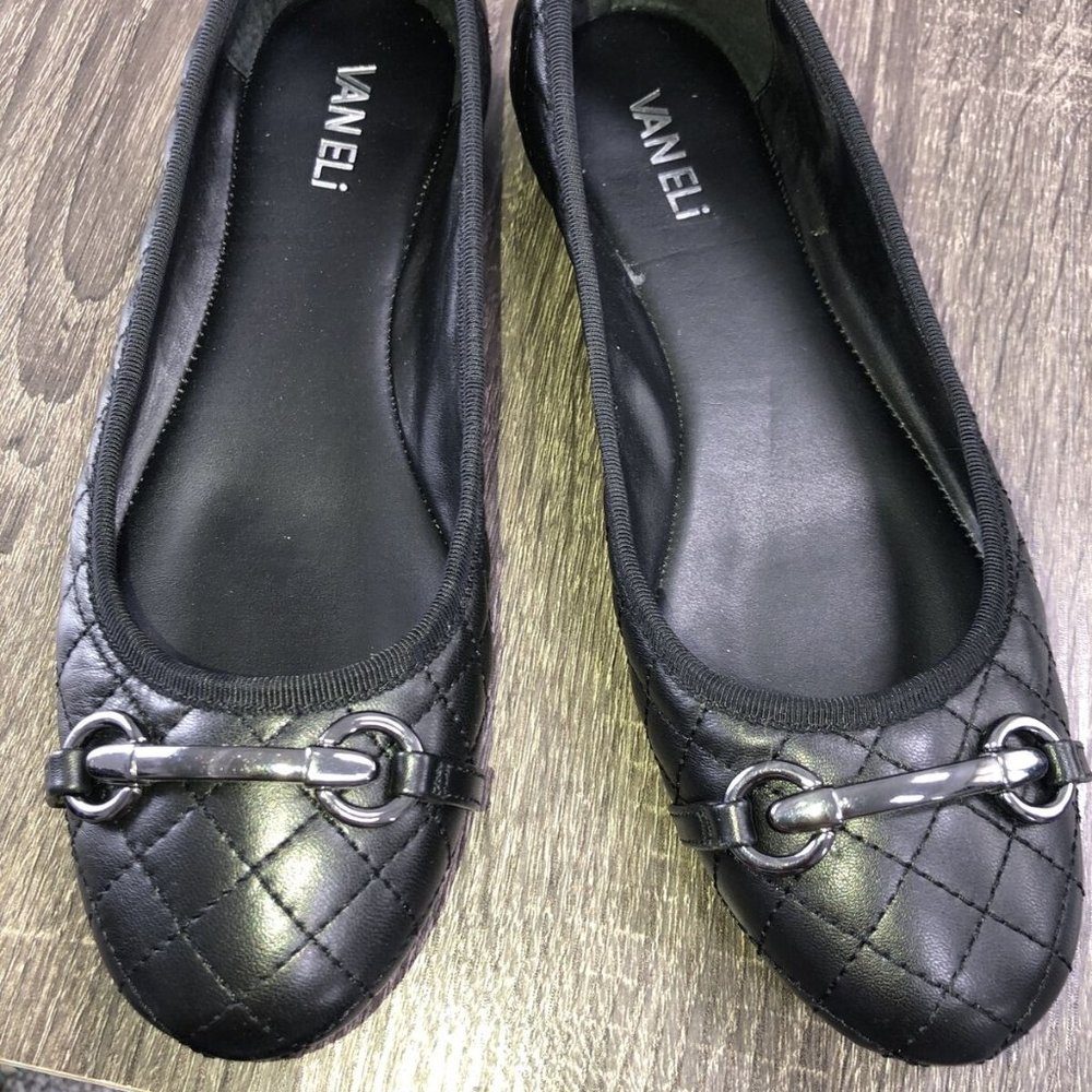 Vaneli Black Leather Quilted Ballet Flats Size 7.5 M